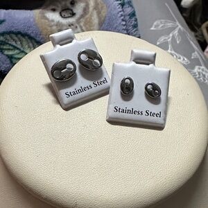 Stainless Steel Oval Stud Earrings - Silver - 2 pairs